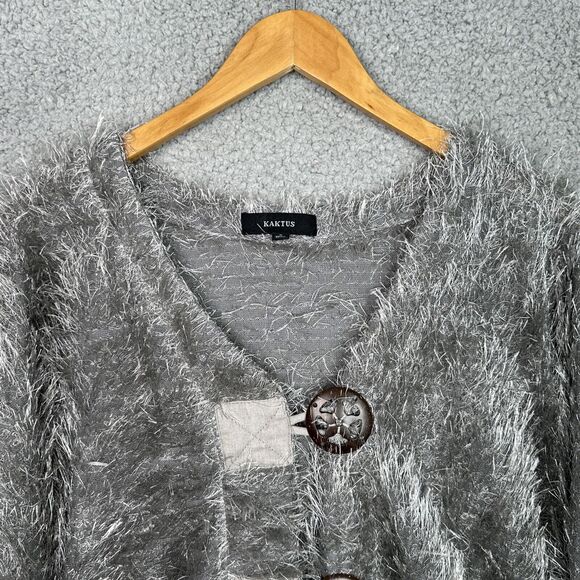 Kaktus Gray Fuzzy‎ Textured Cardigan Sweater Women’s Small Boho Button Front - Picture 3 of 16